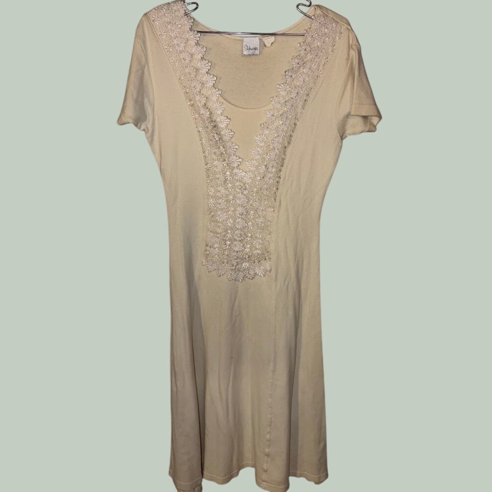 Vintage Styleworks Cream‎ Lace Applique V-Neck Knit Midi Dress Womens Size 8